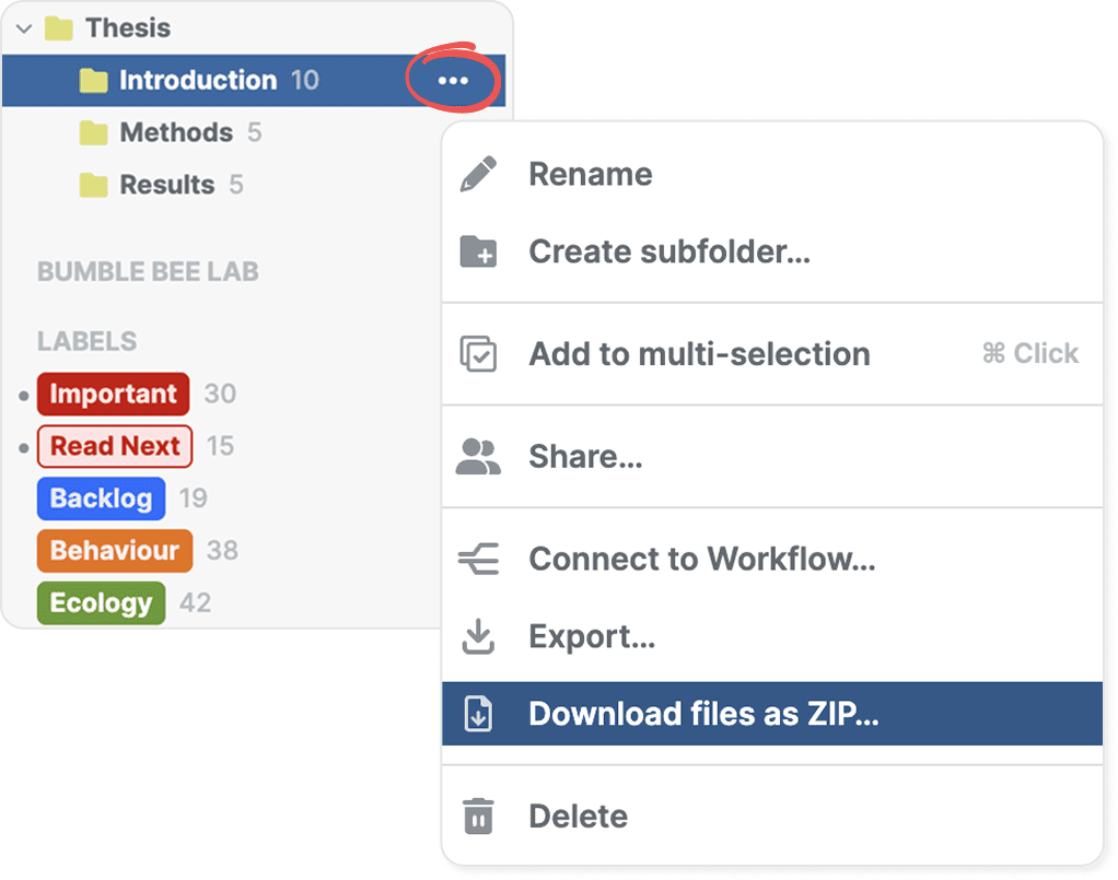 The Introduction folder’s circled three-dot menu in the sidebar, open with “Download files as ZIP…” highlighted below Rename, Create subfolder…, Add to multi-selection, Share…, Connect to Workflow… and Export…